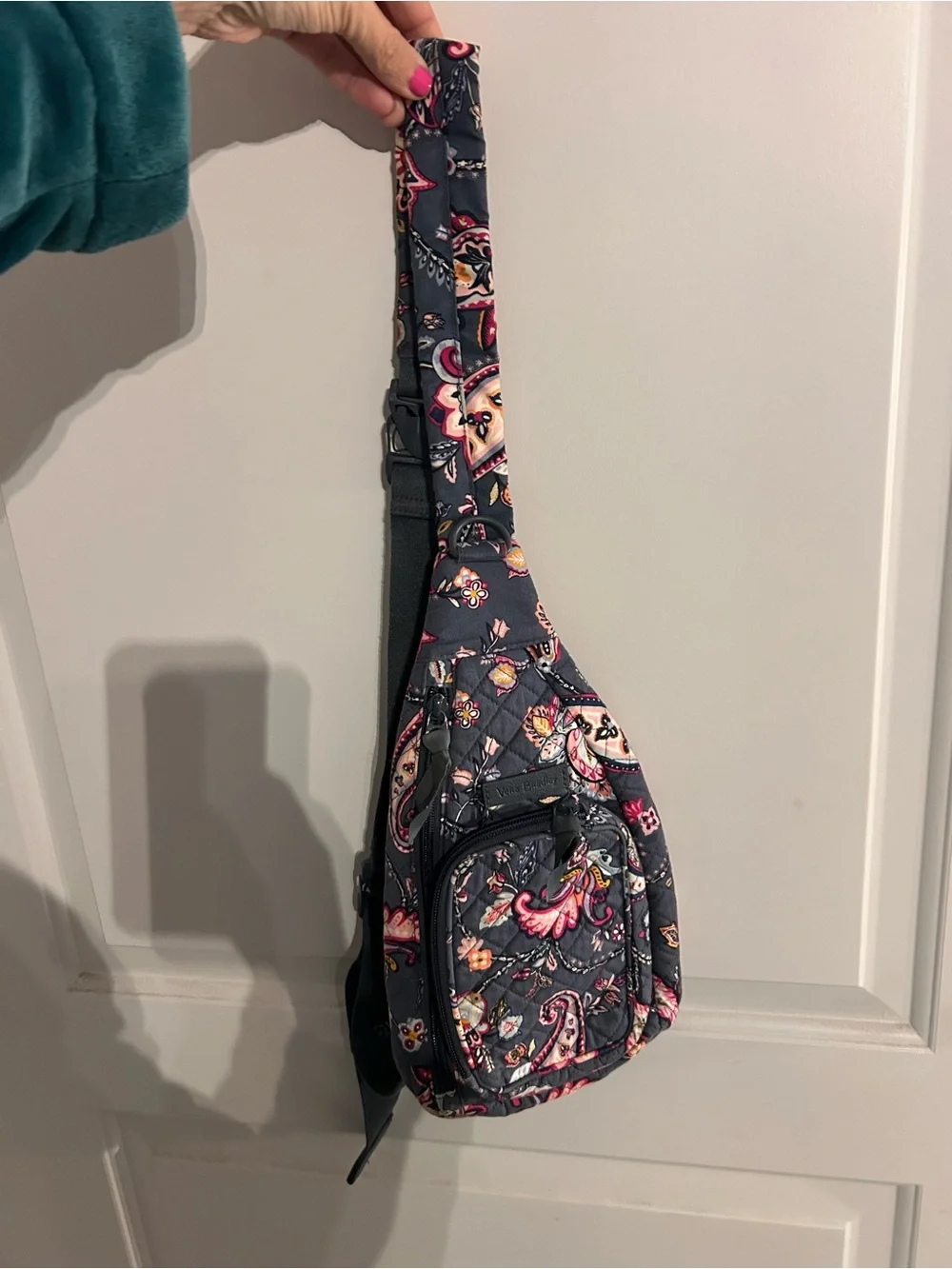 Vera Bradley Charcoal Paisley Quilted Sling Bag with Pink Accents - Picture 7 of 7